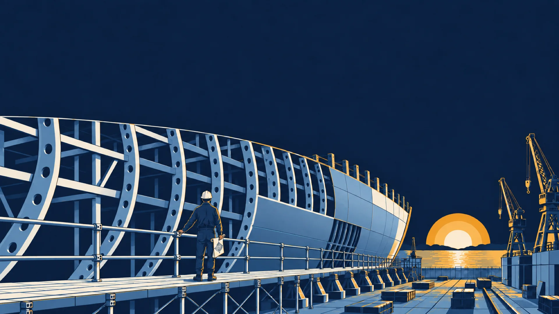 Seen from behind on a shipyard scaffold, a hard-hatted figure holds a rolled plan and looks along the exposed steel frames of a ship under construction, its bow pointed at a rising sun between gantry cranes. Flat-ink print in navy, steel blue and gold.
